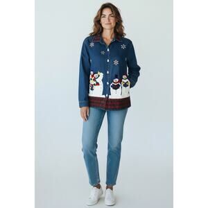 Dress Barn Snowman Denim Shirt – Embroidered Winter Holiday Top women’s size M